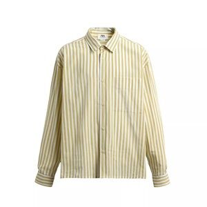 Zara Men's Yellow & White Vertical Stripe Short Sleeve Button-Up Shirt